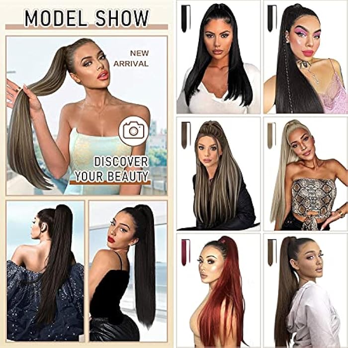 Goodern Straight Ponytail Extensions Natural Long Ponytails Highlights Ponytail Hair Extensions Hair Piece Wrap Synthetic Hairpiece Ponytails Hairpieces Wrap Around for Women Girls 60CM 120G-Black - Image 2